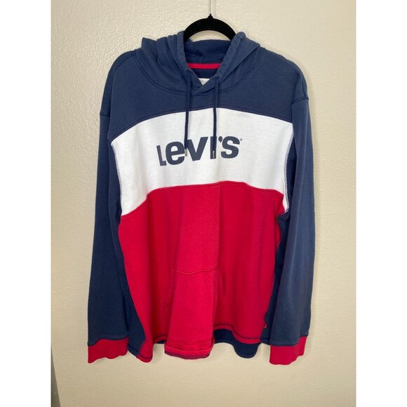 Levis Mens Pullover Hoodie Colorblock Red White Blue 3XL Logo Sweatshirt Casual - Picture 2 of 6